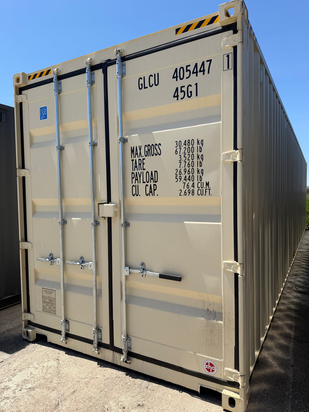 40’ High Cube Shipping Container – One Trip – Beige – Easy Open Doors – Lockbox