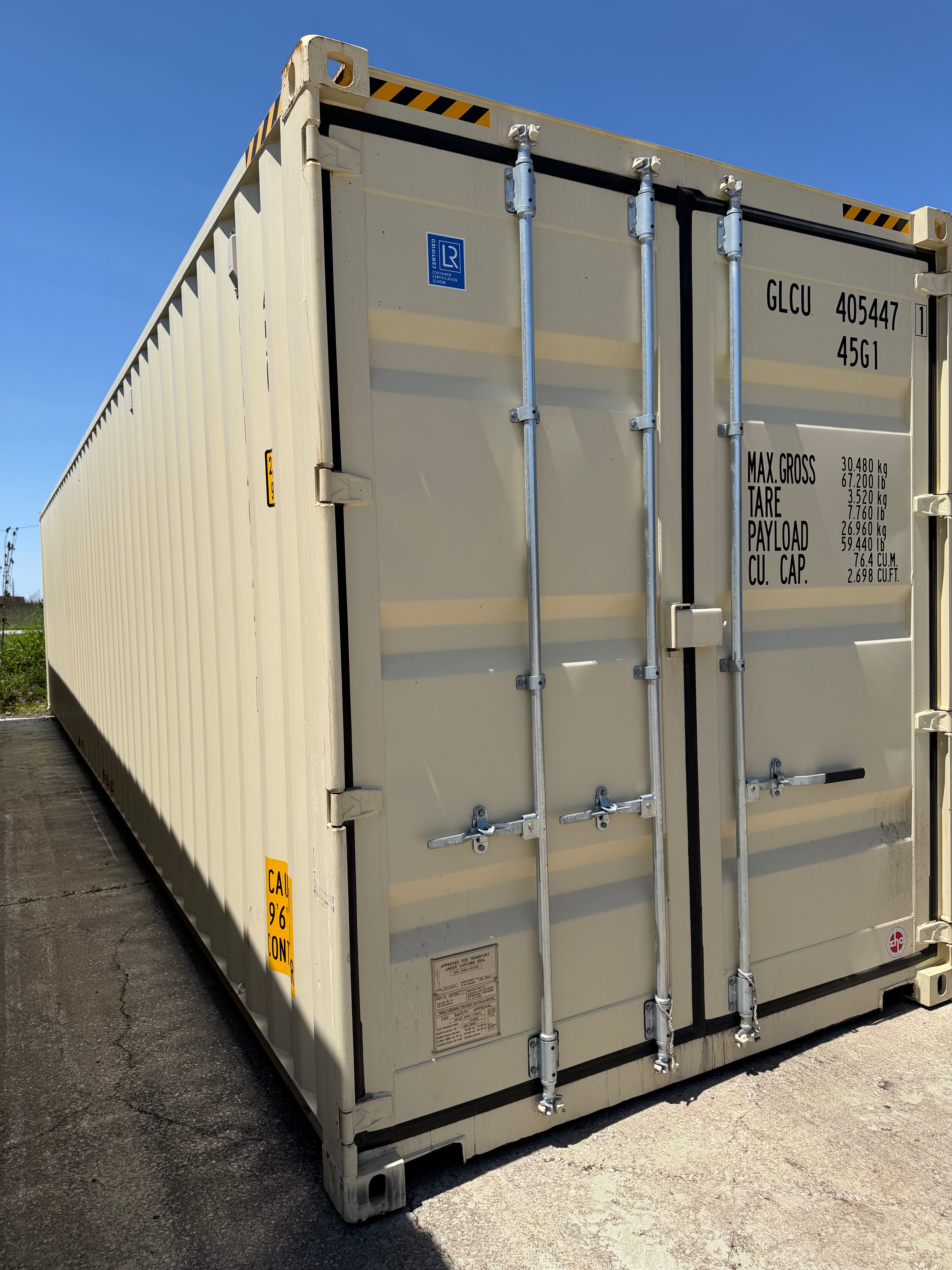 40’ High Cube Shipping Container – One Trip – Beige – Easy Open Doors – Lockbox