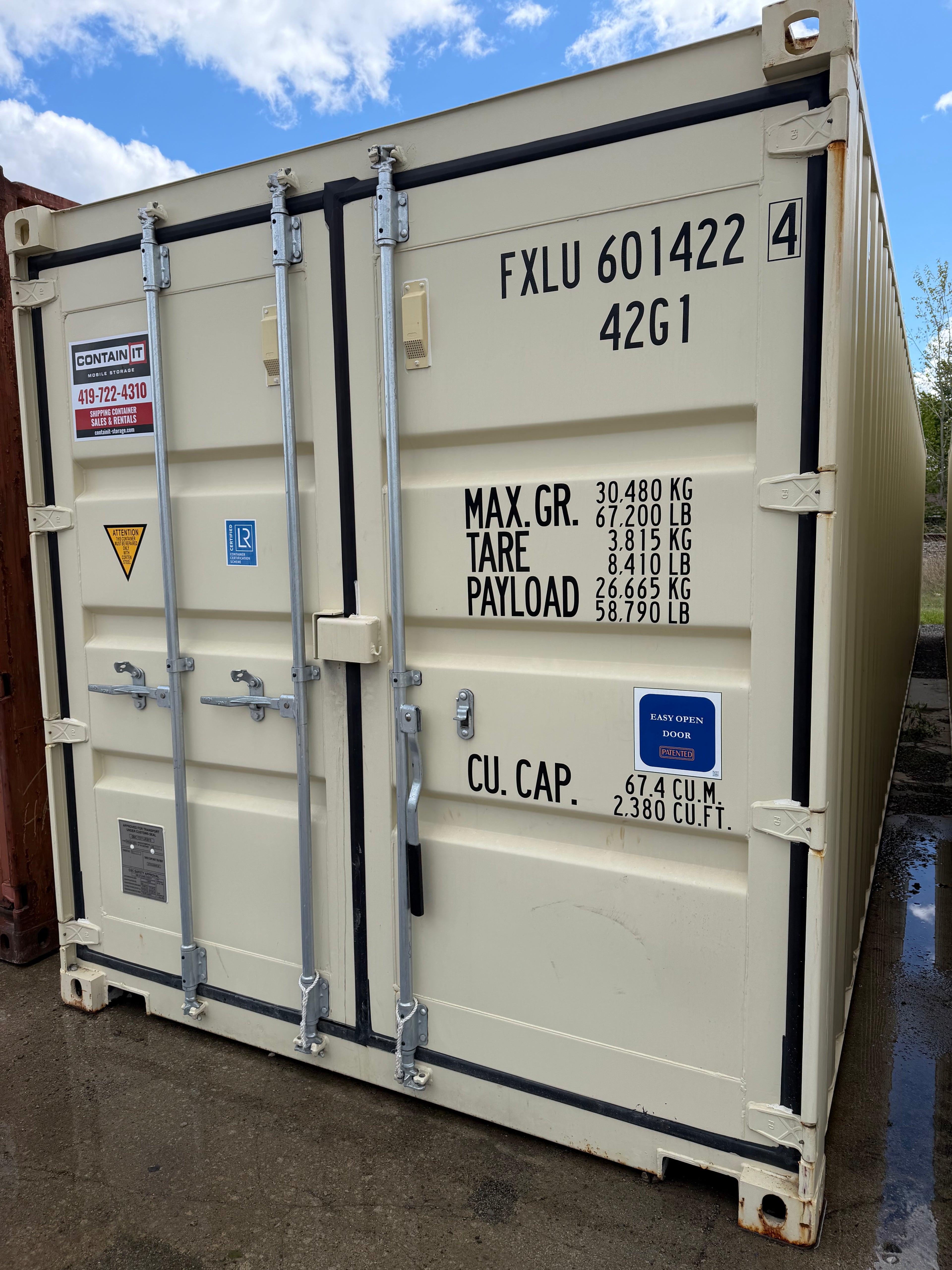 40’ Standard Height Double Door Container – One Trip – Beige – Easy Open Doors & Lockboxes 601422-4