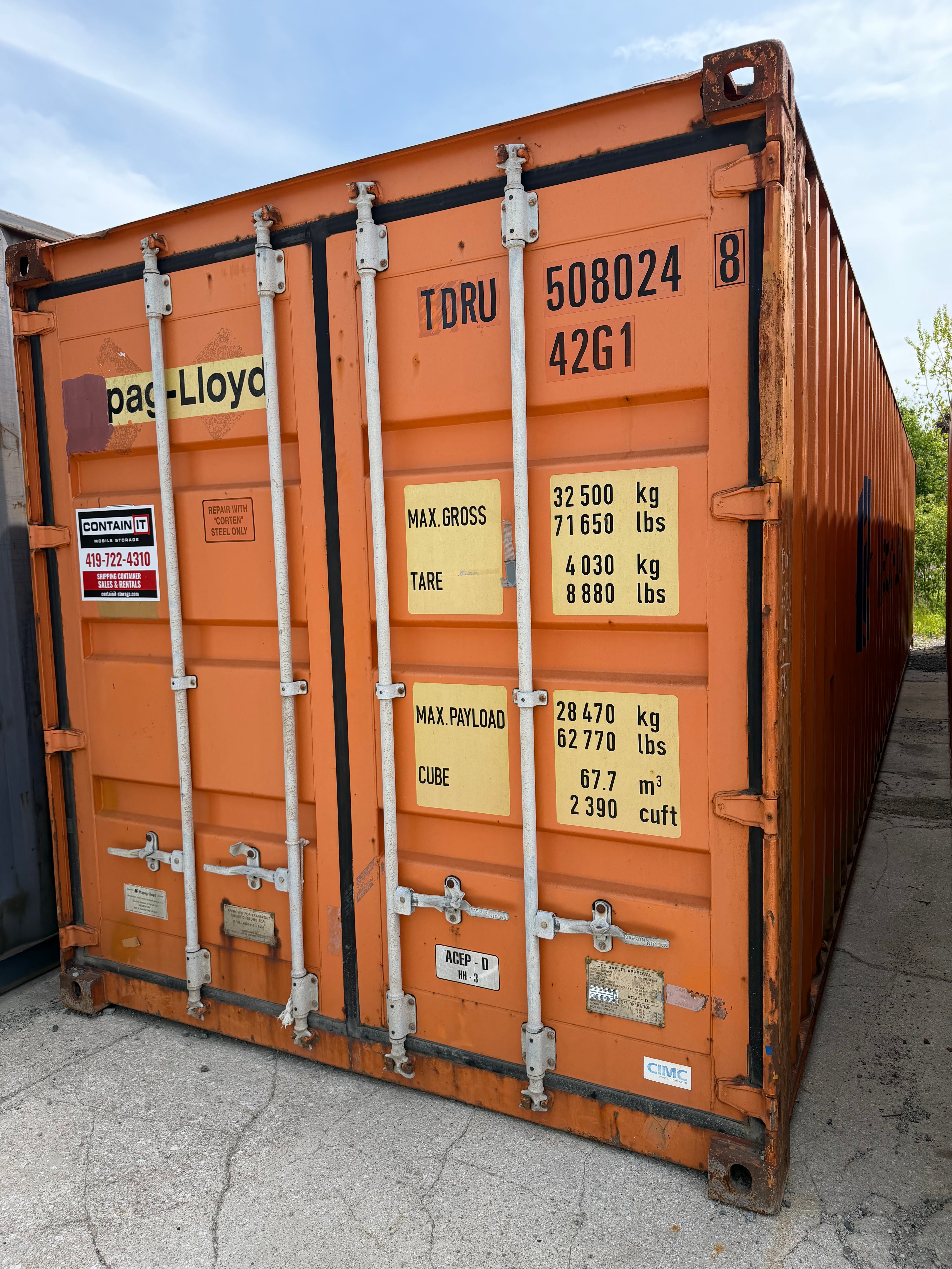 40’ Standard Height Used Shipping Container – Orange – Wind & Water Tight – 508024-8