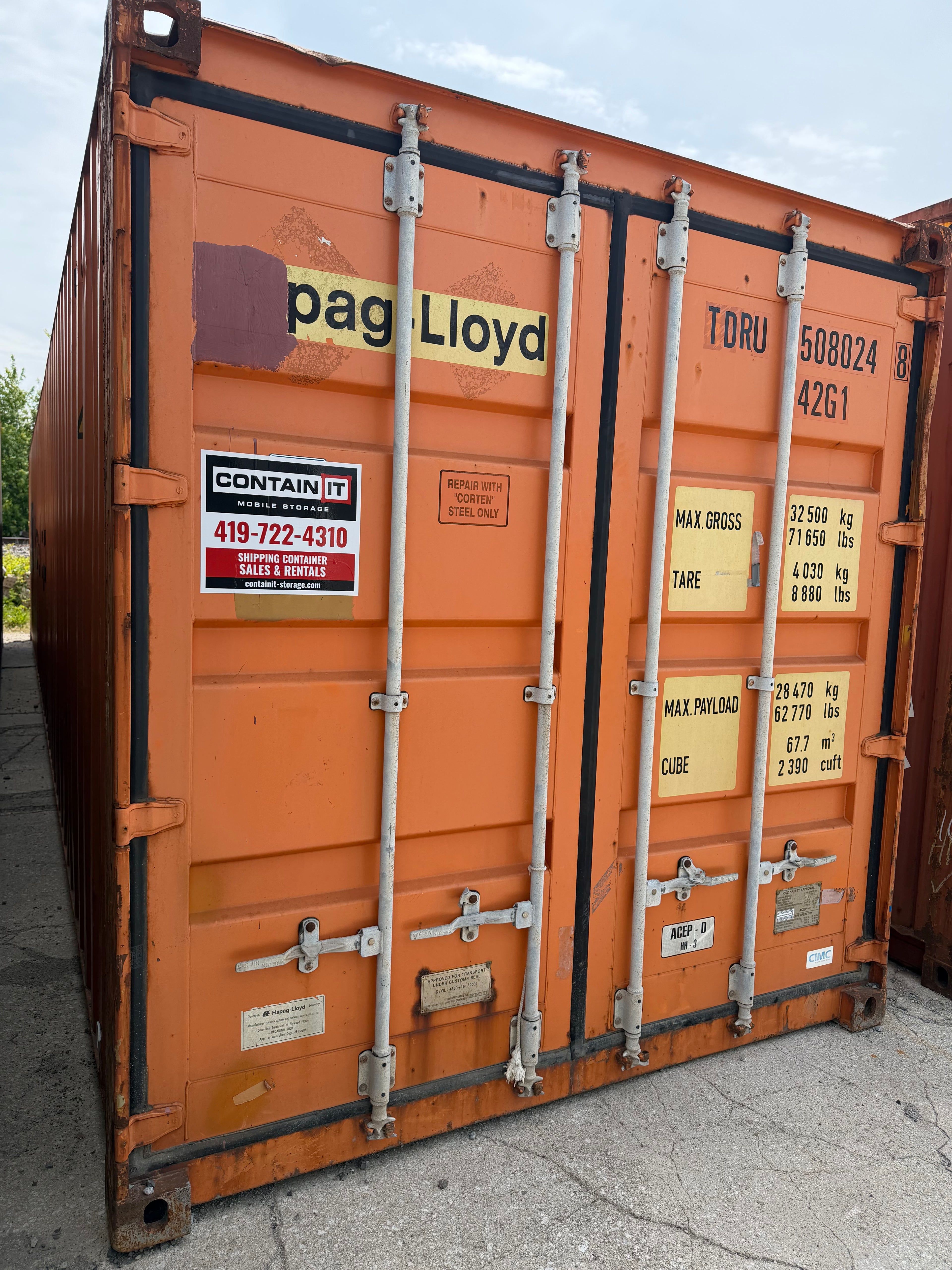 40’ Standard Height Used Shipping Container – Orange – Wind & Water Tight – 508024-8